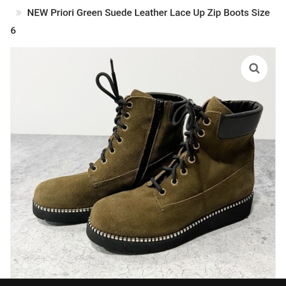Priori Green Suede Leather Lace Up Zip Boots Size 7 Like New.